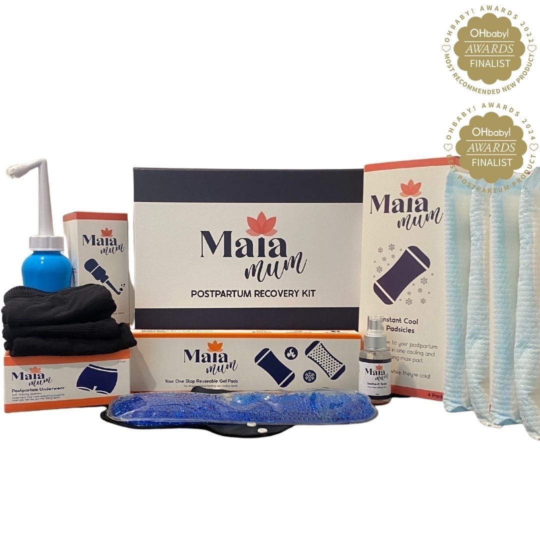 Maia Mum Postpartum Kit – a thoughtfully curated bundle of must-haves to support new mums after birth. Includes soothing perineal gel packs, a peri bottle for gentle cleansing, soft reusable breast pads, and more. Designed for comfort, healing, and making recovery just that little bit easier!
